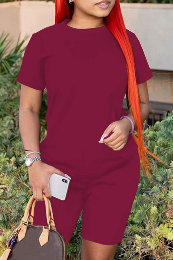 Burgundy Fashion Solid Patchwork O Neck Short Sleeve Two Pieces