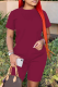 Burgundy Fashion Solid Patchwork O Neck Short Sleeve Two Pieces