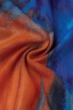 Orange Blue Sexy Print Patchwork Frenulum Slit O Neck Straight Dresses