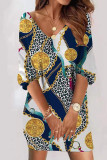Yellow Blue Casual Print Patchwork V Neck Straight Dresses