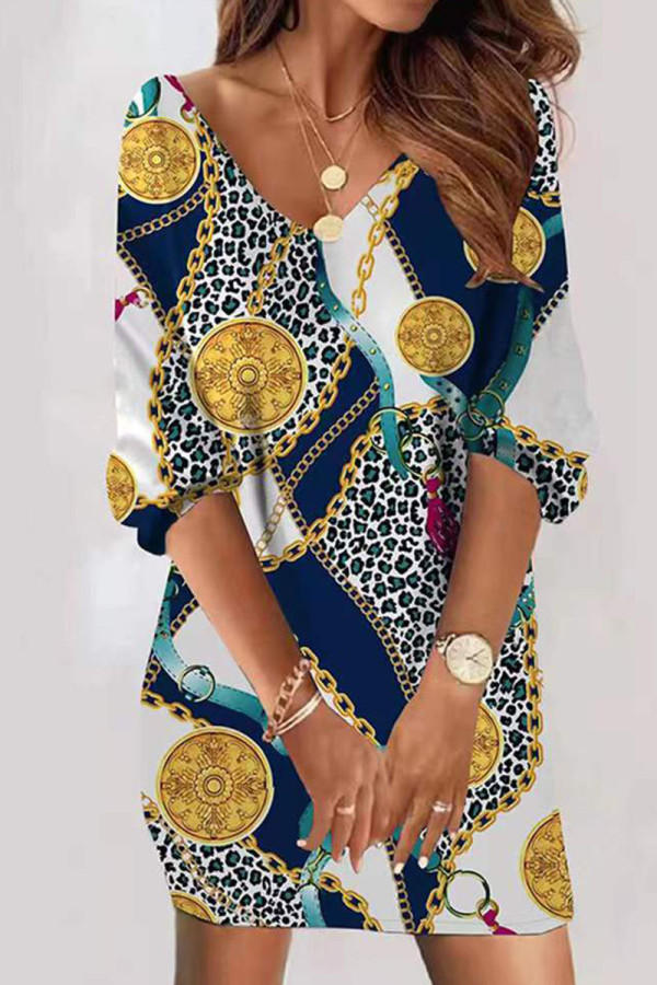 Yellow Blue Casual Print Patchwork V Neck Straight Dresses
