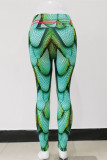 Green Fashion Casual Sportswear Print Basic Skinny High Waist Pencil Trousers