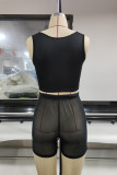 Black Fashion Sexy Solid Bandage Hollowed Out See-through V Neck Sleeveless Two Pieces