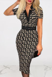 Black And White Sexy Print Patchwork With Belt V Neck One Step Skirt Dresses