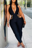 Rose Red Fashion Sexy Casual Solid Hollowed Out Backless Halter Skinny Jumpsuits