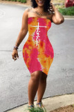 Red Fashion Casual Print Tie-dye Backless Strapless Sleeveless Dress Dresses