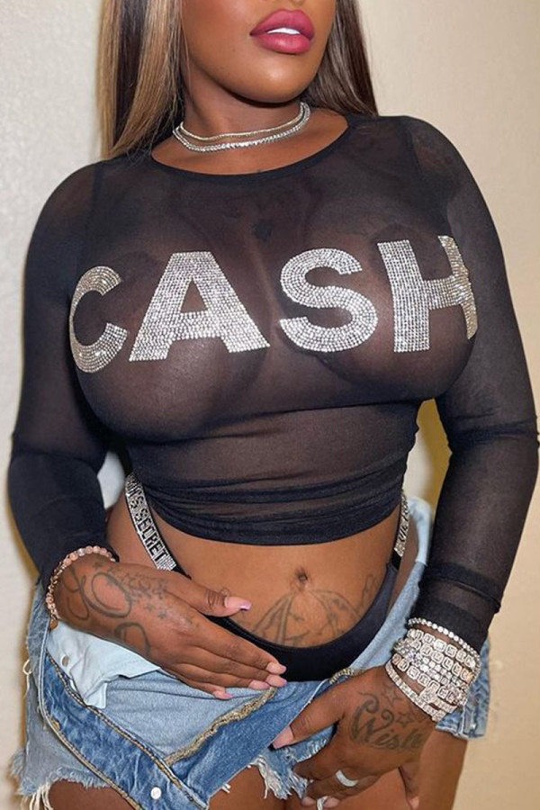 Black Sexy Solid Patchwork See-through Hot Drill O Neck Tops