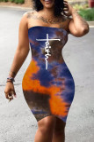 Red Fashion Casual Print Tie-dye Backless Strapless Sleeveless Dress Dresses