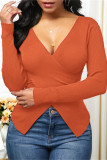 Burgundy Fashion Casual Solid Split Joint V Neck Tops