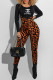 Leopard Print Fashion Street Print Letter O Neck Long Sleeve Two Pieces
