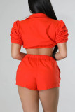 Tangerine Red Casual Solid Split Joint Buckle Fold Turndown Collar Short Sleeve Two Pieces