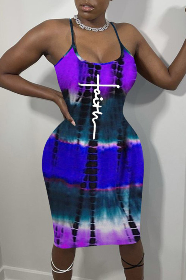Purple Casual Print Patchwork Spaghetti Strap Sling Dress Dresses