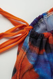 Orange Blue Sexy Print Patchwork Frenulum Slit O Neck Straight Dresses