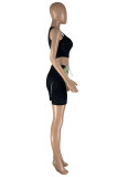 Black Fashion Casual Print Patchwork V Neck Sleeveless Two Pieces