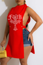 Red Sexy Patchwork Hot Drill O Neck Tops