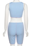 Blue Sexy Solid Patchwork Asymmetrical U Neck Two Pieces