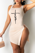 Apricot Fashion Sexy Print Slit U Neck Vest Dress