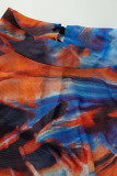 Orange Blue Sexy Print Patchwork Frenulum Slit O Neck Straight Dresses
