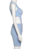 Blue Sexy Solid Patchwork Asymmetrical U Neck Two Pieces