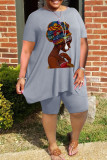 Grey Casual Print Split Joint O Neck Plus Size Two Pieces