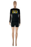 Black Fashion Casual Letter Print Patchwork O Neck Long Sleeve Two Pieces