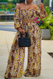 Yellow Fashion Casual Print Backless Off the Shoulder Long Sleeve Two Pieces