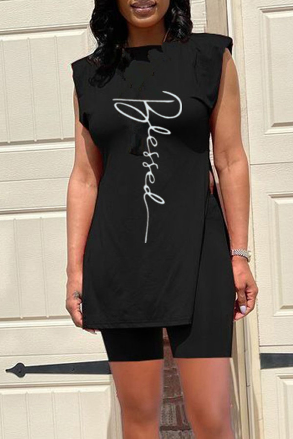 Black Casual Print Patchwork O Neck Sleeveless Two Pieces