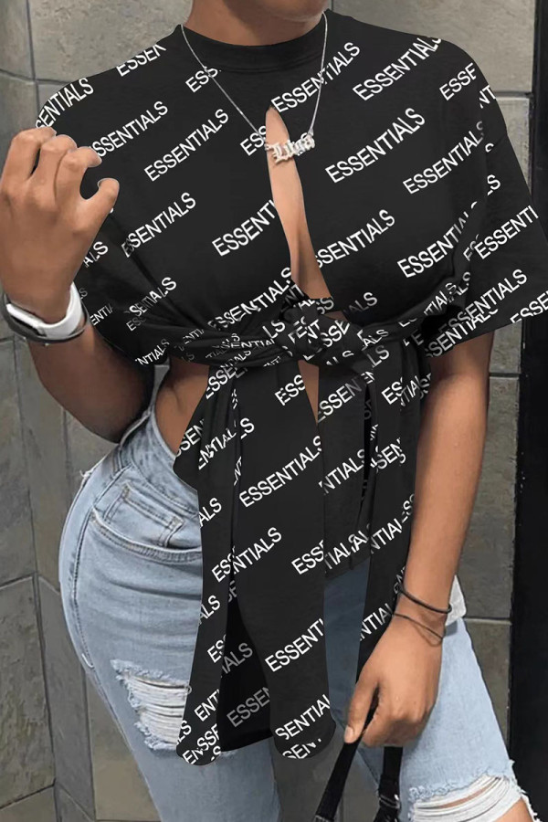 Black Fashion Street Print Patchwork Slit Asymmetrical O Neck T-Shirts