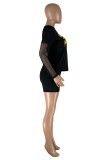 Black Fashion Casual Letter Print Patchwork O Neck Long Sleeve Two Pieces