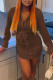Red-brown Casual Solid Bandage Patchwork V Neck One Step Skirt Dresses