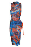 Orange Blue Sexy Print Patchwork Frenulum Slit O Neck Straight Dresses
