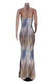 Coffee Fashion Sexy Print Bandage Hollowed Out Backless Halter Strapless Dress