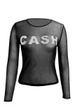 Black Sexy Solid Patchwork See-through Hot Drill O Neck Tops