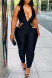 Rose Red Fashion Sexy Casual Solid Hollowed Out Backless Halter Skinny Jumpsuits