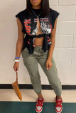 Black Sexy Print Hollowed Out O Neck T-Shirts