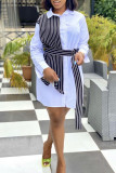 White Fashion Casual Striped Patchwork With Belt Turndown Collar Shirt Dress
