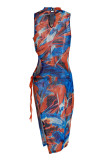 Orange Blue Sexy Print Patchwork Frenulum Slit O Neck Straight Dresses