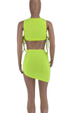 Fluorescent Green Fashion Sexy Solid Bandage Asymmetrical O Neck Sleeveless Two Pieces