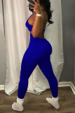 Blue Sexy Solid Hollowed Out Split Joint Spaghetti Strap Regular Jumpsuits
