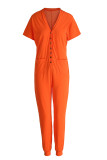Orange Fashion Casual Solid Basic V Neck Regular Jumpsuits