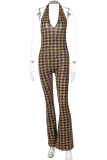 Brownness Sexy Plaid Patchwork Halter Boot Cut Jumpsuits
