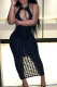 Black Sexy Print Patchwork Halter Mesh Dress Dresses