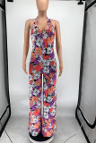 Multicolor Sexy Print Patchwork Halter Straight Jumpsuits