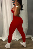 Red Sexy Solid Hollowed Out Split Joint Spaghetti Strap Regular Jumpsuits