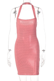 Pink Sexy Patchwork Hollowed Out Square Collar Pencil Skirt Dresses