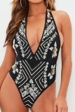 Black Vacation Print Patchwork Swimwears