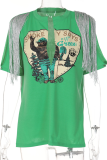 Green Fashion Print Tassel V Neck T-Shirts