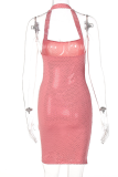 Pink Sexy Patchwork Hollowed Out Square Collar Pencil Skirt Dresses
