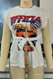 White Sexy Street Print Patchwork Slit O Neck T-Shirts