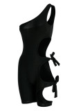 Red Fashion Sexy Solid Bandage Hollowed Out Backless One Shoulder Skinny Romper